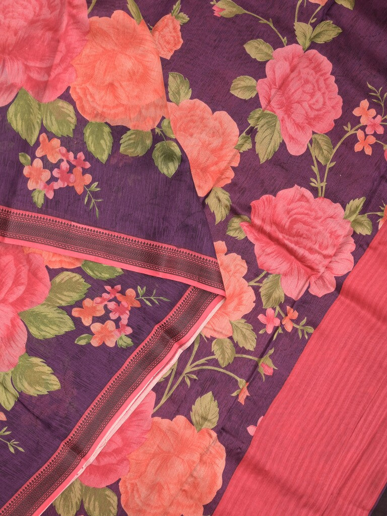 Maheshwari fancy saree purple color allover prints & zari border with short pallu and attached plain blouse