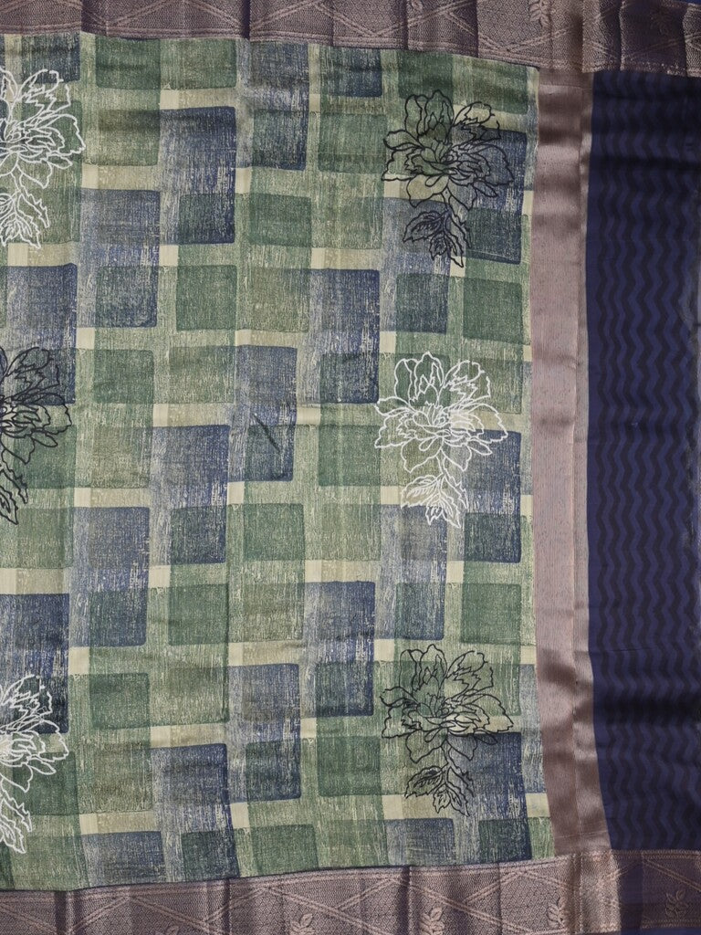 Maheshwari fancy saree green and blue color allover prints & zari border with short pallu and attached plain blouse