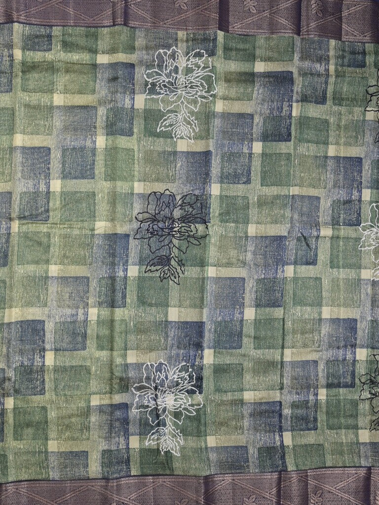 Maheshwari fancy saree green and blue color allover prints & zari border with short pallu and attached plain blouse