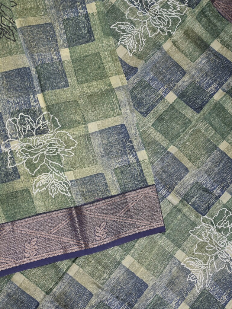 Maheshwari fancy saree green and blue color allover prints & zari border with short pallu and attached plain blouse