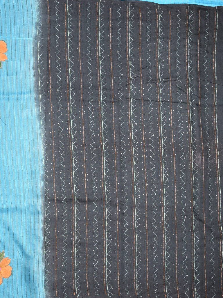 Bhagalpur fancy saree sky blue color allover stripes, floral weaves with contrast pallu and attached contrast blouse