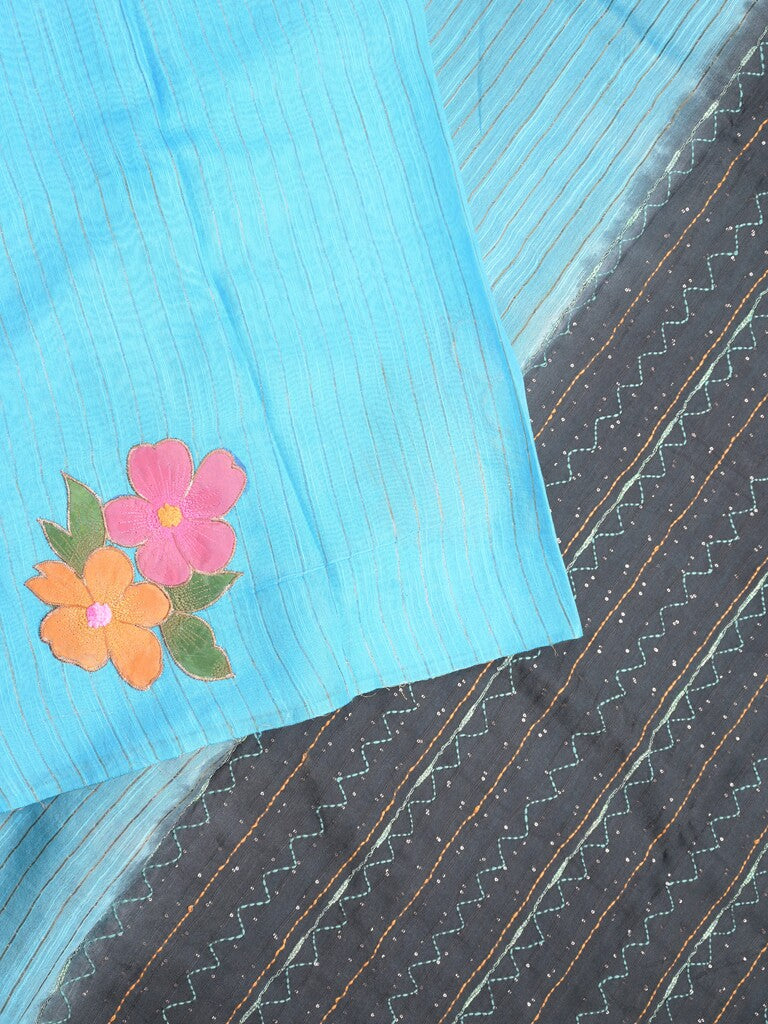 Bhagalpur fancy saree sky blue color allover stripes, floral weaves with contrast pallu and attached contrast blouse