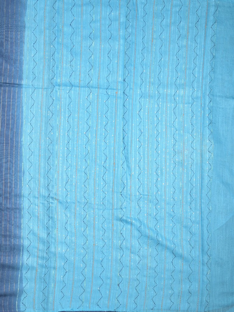 Bhagalpur fancy saree navy blue color allover stripes, floral weaves with contrast pallu and attached contrast blouse