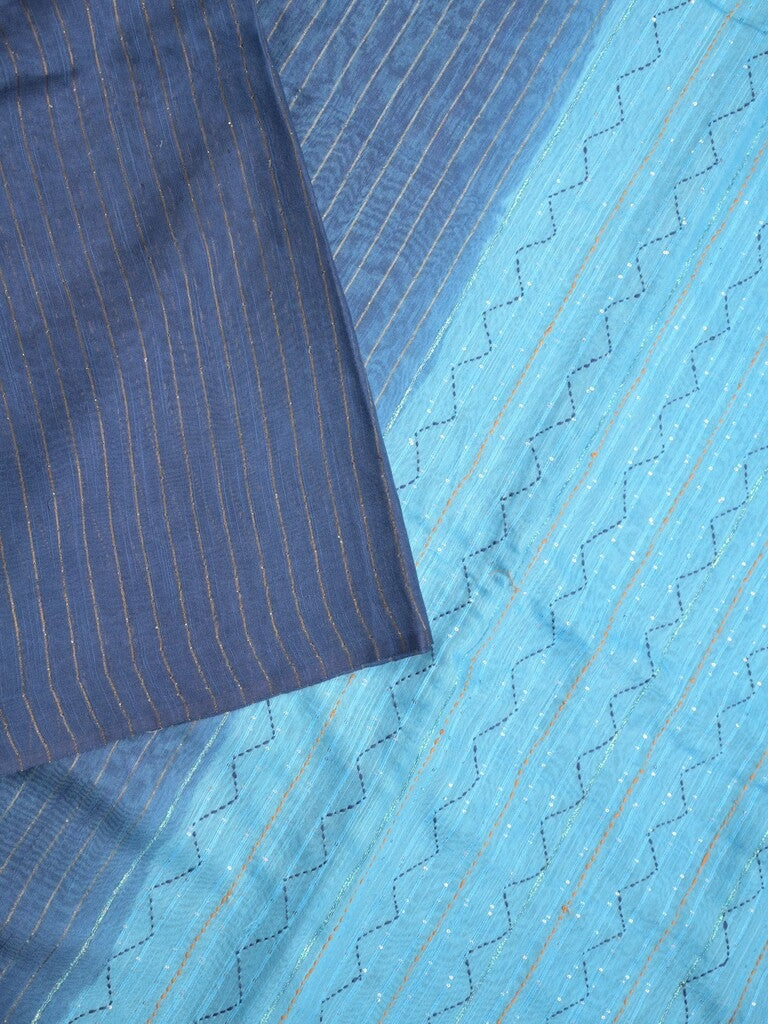 Bhagalpur fancy saree navy blue color allover stripes, floral weaves with contrast pallu and attached contrast blouse