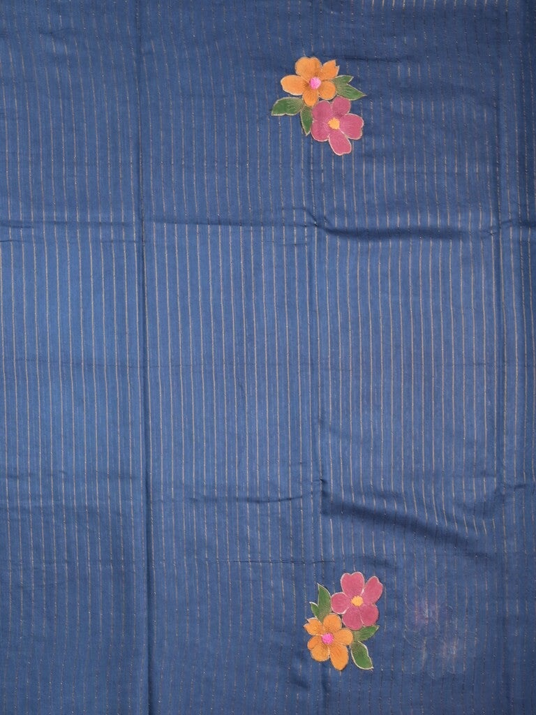 Bhagalpur fancy saree navy blue color allover stripes, floral weaves with contrast pallu and attached contrast blouse