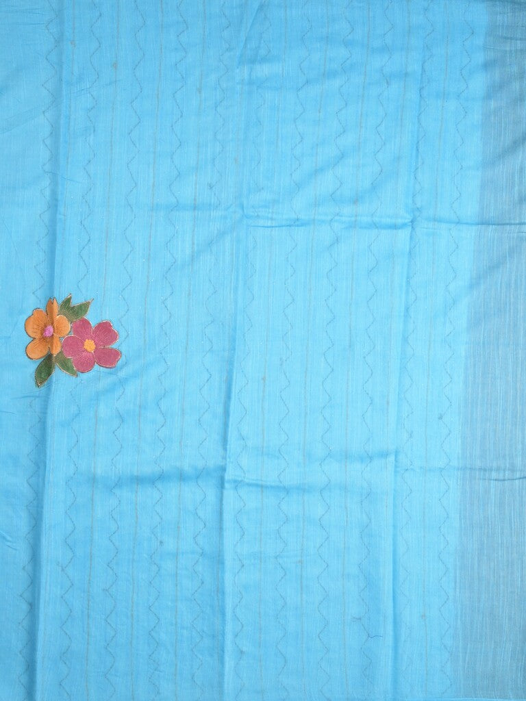 Bhagalpur fancy saree navy blue color allover stripes, floral weaves with contrast pallu and attached contrast blouse