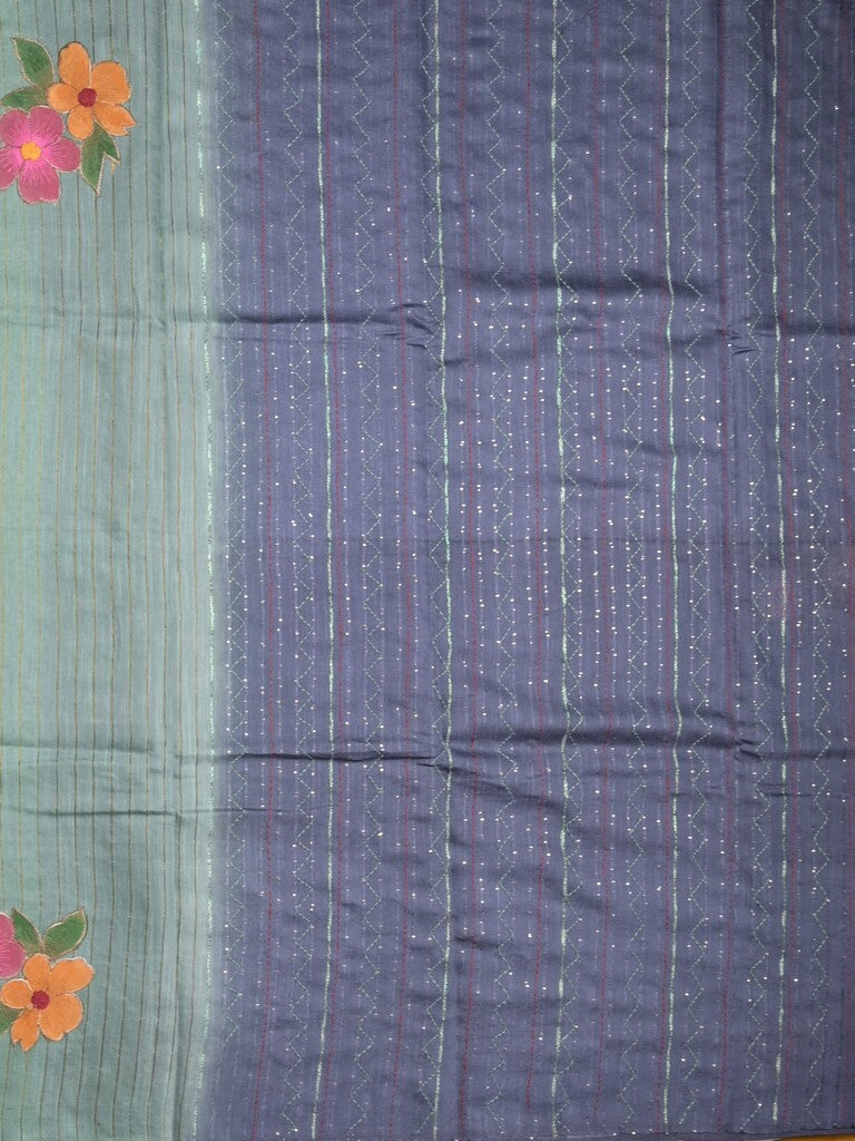 Bhagalpur fancy saree grey color allover stripes, floral weaves with contrast pallu and attached contrast blouse