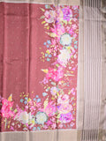 Tussar fancy saree maroon color allover prints & zari border with short pallu and contrast printed blouse
