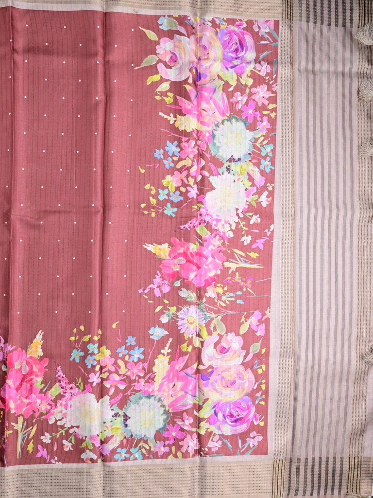 Tussar fancy saree maroon color allover prints & zari border with short pallu and contrast printed blouse