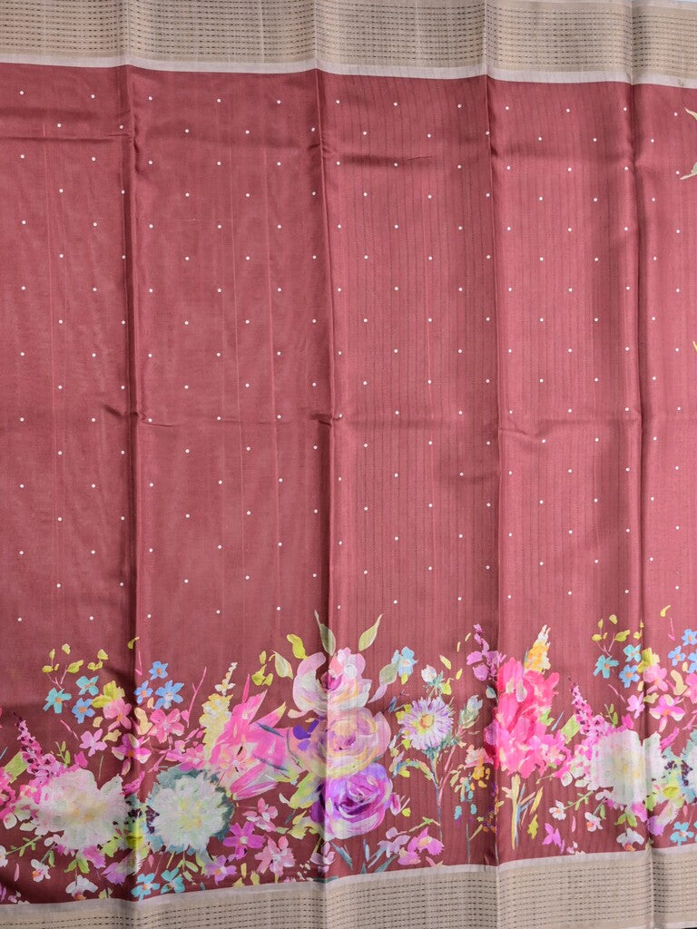 Tussar fancy saree maroon color allover prints & zari border with short pallu and contrast printed blouse