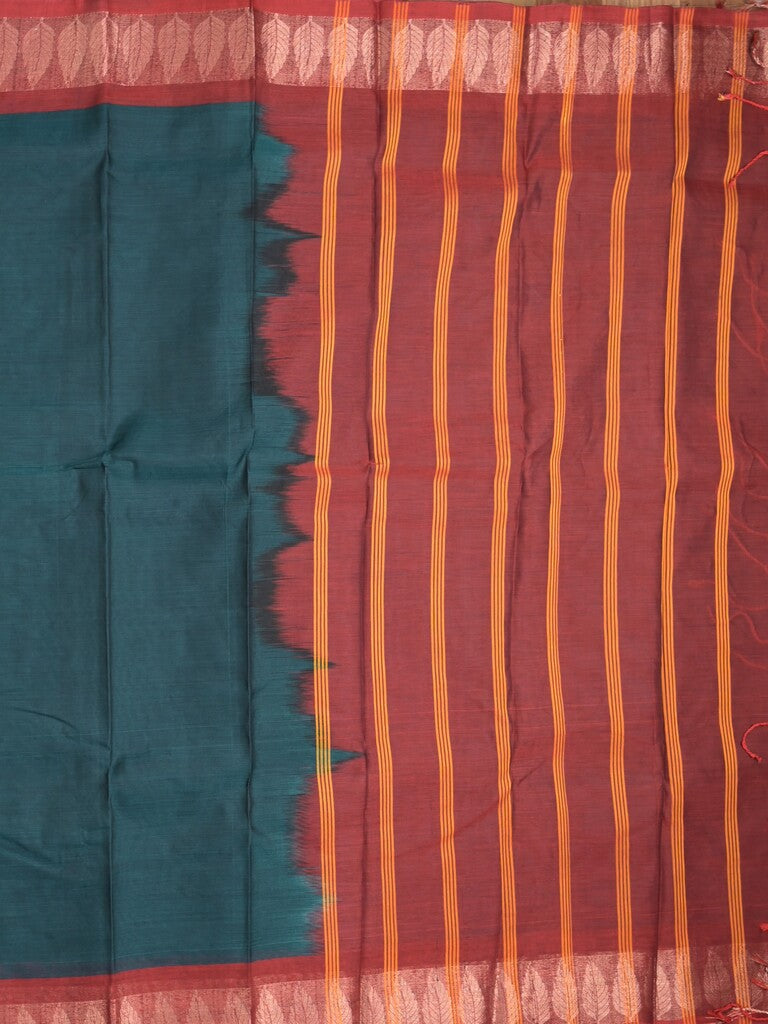Dhaka cotton saree peacock green color allover plain & zari border with contrast plain pallu and plain blouse