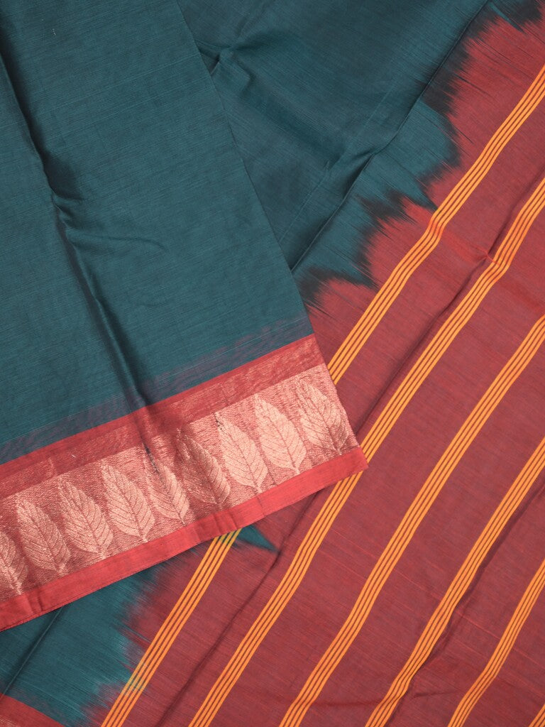 Dhaka cotton saree peacock green color allover plain & zari border with contrast plain pallu and plain blouse