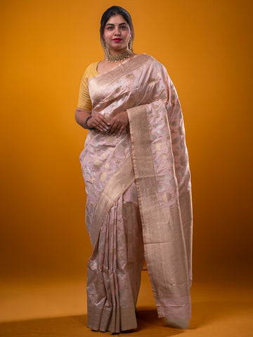 Banaras fancy saree baby pink color allover zari weaves & zari border with rich pallu and plain blouse