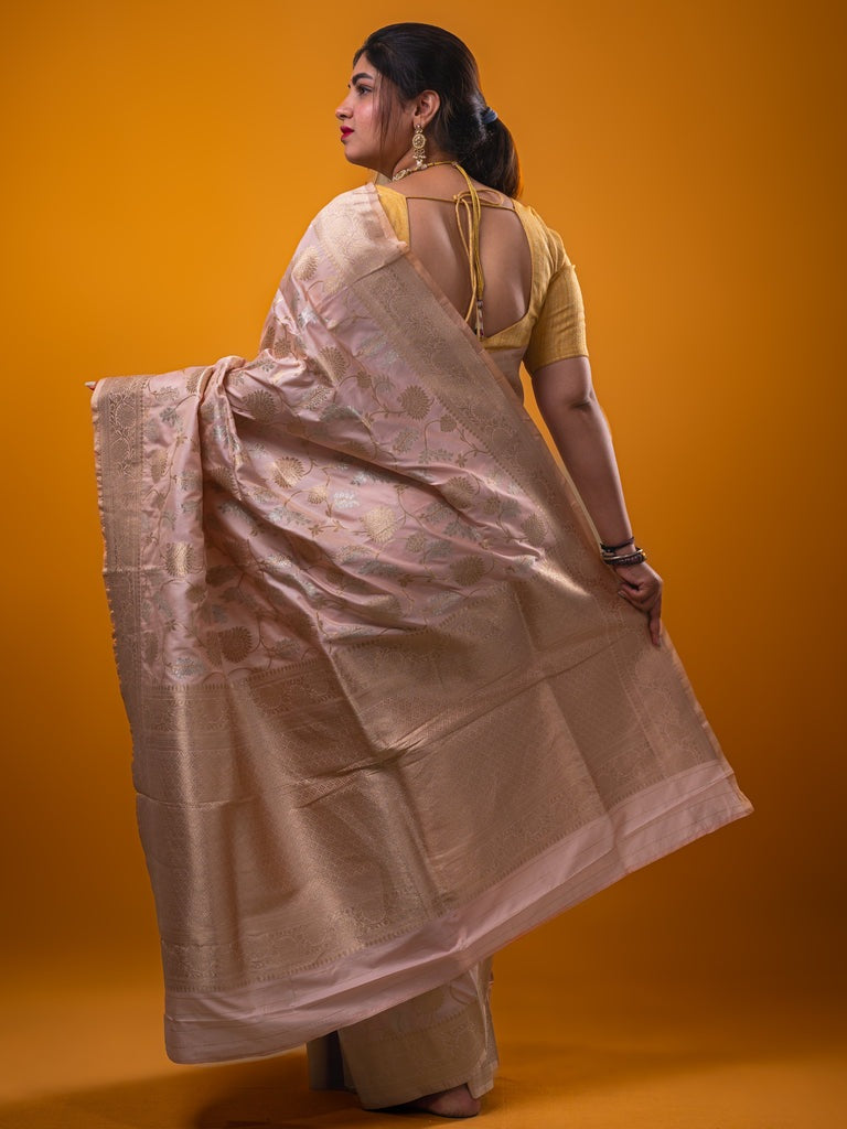 Banaras fancy saree baby pink color allover zari weaves & zari border with rich pallu and plain blouse