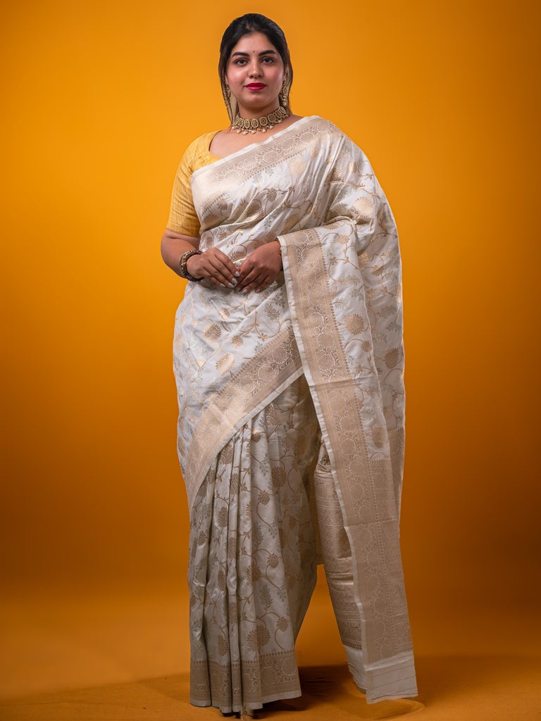 Banaras fancy saree white color allover zari weaves & zari border with rich pallu and plain blouse