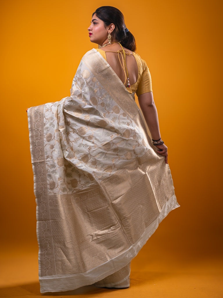 Banaras fancy saree white color allover zari weaves & zari border with rich pallu and plain blouse