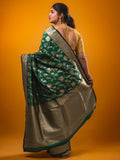 Banaras fancy saree bottle green color allover zari weaves & zari border with rich pallu and plain blouse