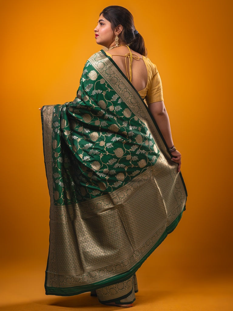 Banaras fancy saree bottle green color allover zari weaves & zari border with rich pallu and plain blouse