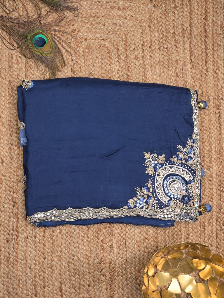 Tabby silk fancy saree royal blue color allover plain, embroidery motifs & embroidery border with running pallu and designer blouse