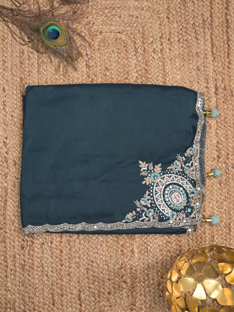 Tabby silk fancy saree navy blue color allover plain, embroidery motifs & embroidery border with running pallu and designer blouse