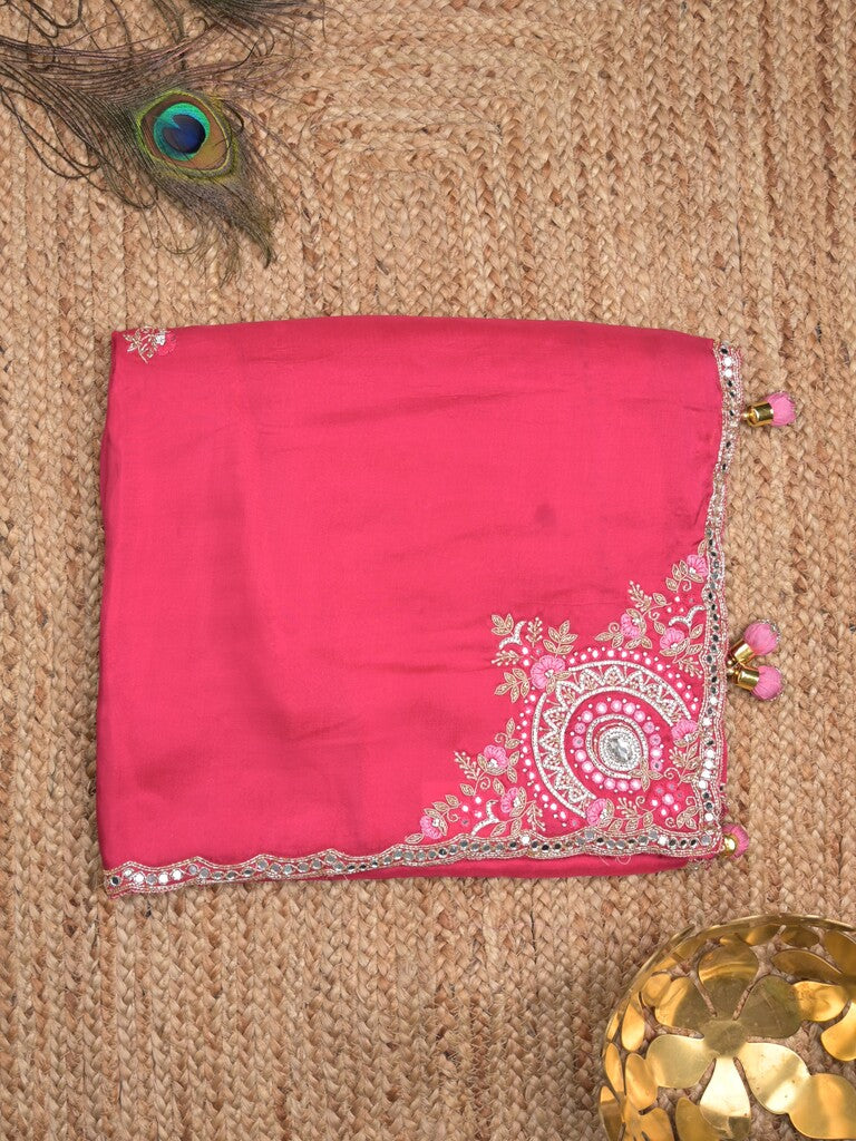 Tabby silk fancy saree pink color allover plain, embroidery motifs & embroidery border with running pallu and designer blouse