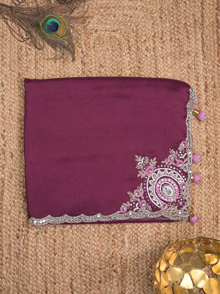 Tabby silk fancy saree wine color allover plain, embroidery motifs & embroidery border with running pallu and designer blouse