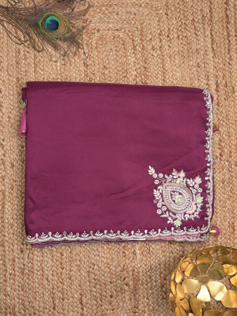 Tabby silk fancy saree dark purple color allover plain, embroidery motifs & embroidery border with running pallu and designer blouse