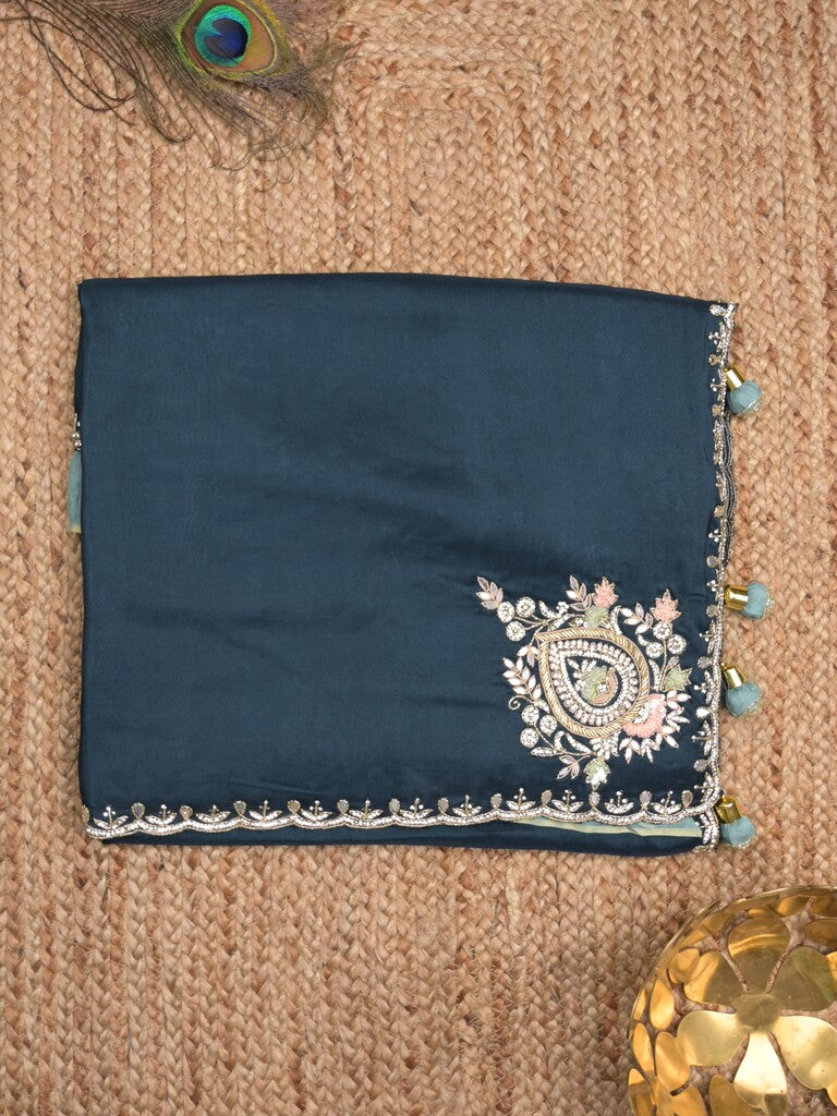 Tabby silk fancy saree dark blue color allover plain, embroidery motifs & embroidery border with running pallu and designer blouse