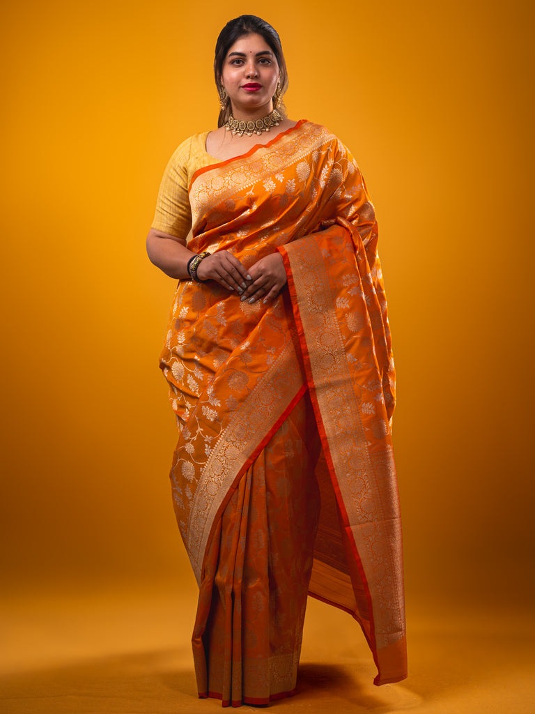 Banaras fancy saree orange color allover zari weaves & zari border with rich pallu and plain blouse