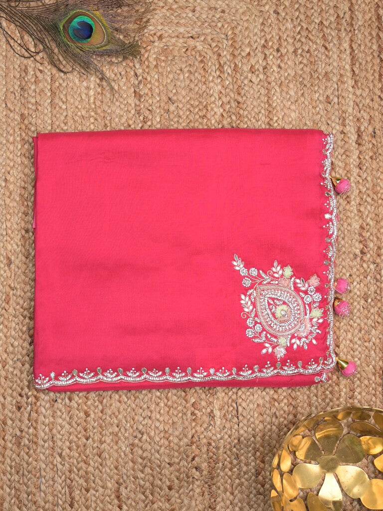 Tabby silk fancy saree pink color allover plain, embroidery motifs & embroidery border with running pallu and designer blouse