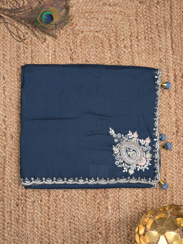 Tabby silk fancy saree navy blue color allover plain, embroidery motifs & embroidery border with running pallu and designer blouse