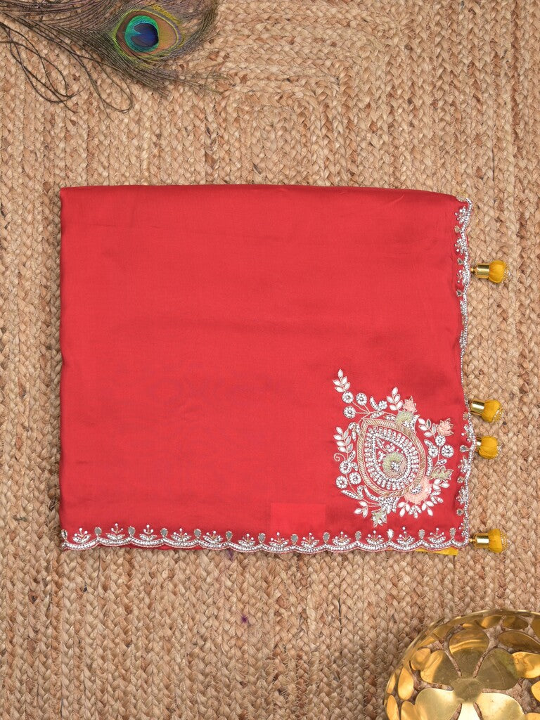 Tabby silk fancy saree red color allover plain, embroidery motifs & embroidery border with running pallu and designer blouse