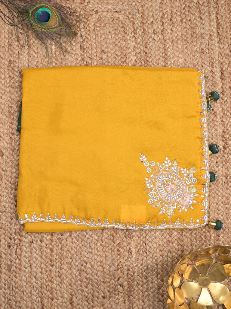 Tabby silk fancy saree yellow color allover plain, embroidery motifs & embroidery border with running pallu and designer blouse