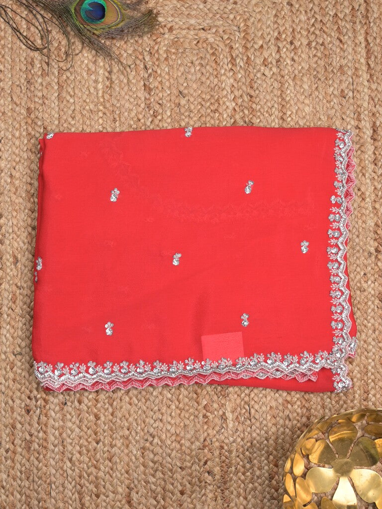Chiffon fancy saree red color allover plain, embroidery motifs & embroidery border with running pallu and designer blouse