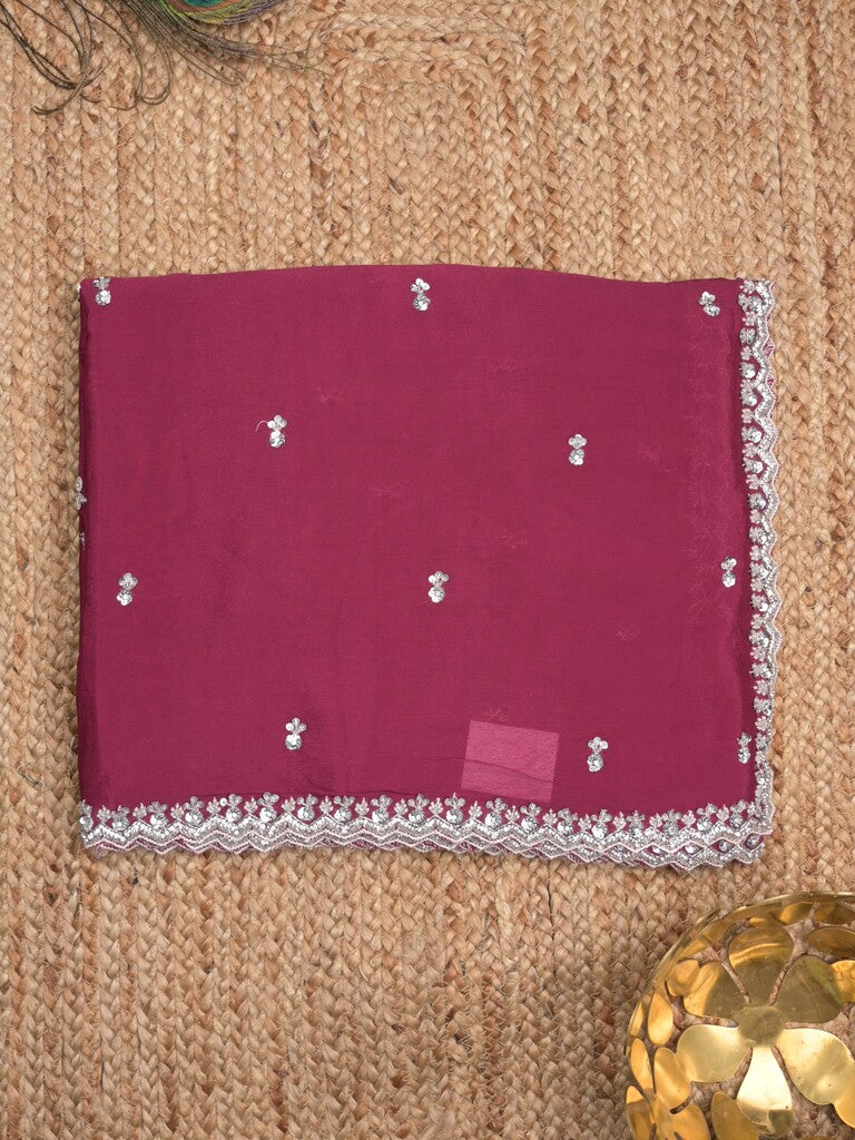 Chiffon fancy saree wine color allover plain, embroidery motifs & embroidery border with running pallu and designer blouse
