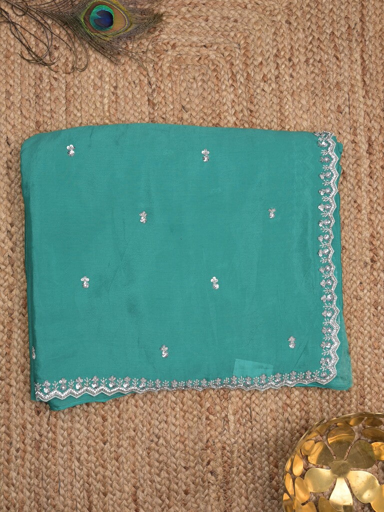 Chiffon fancy saree sky blue color allover plain, embroidery motifs & embroidery border with running pallu and designer blouse