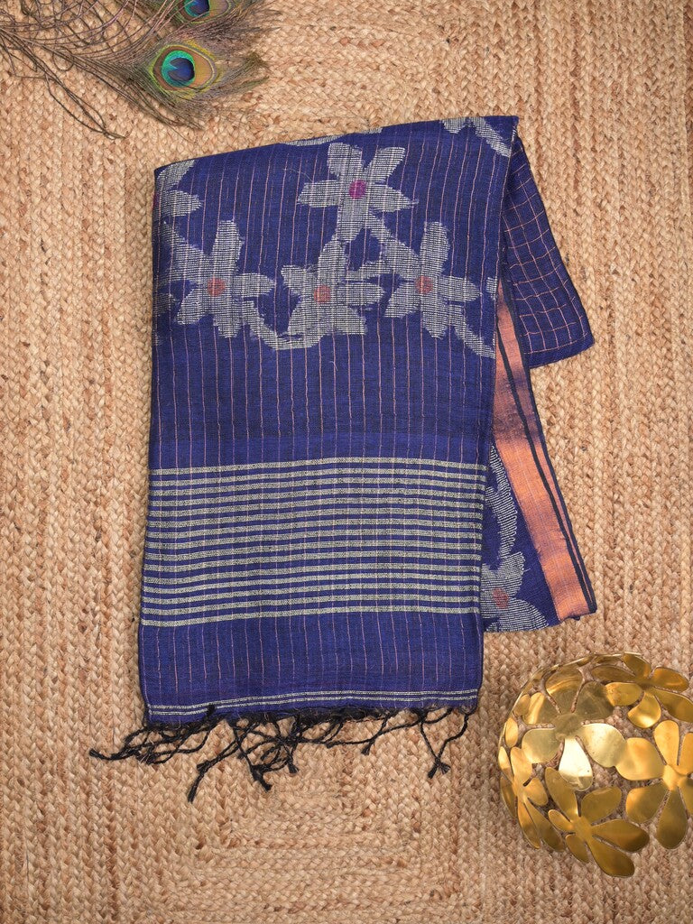 Jute lenin fancy saree royal blue color allover checks & zari border with zari weaving pallu and attached self blouse