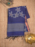 Jute lenin fancy saree royal blue color allover checks & zari border with zari weaving pallu and attached self blouse