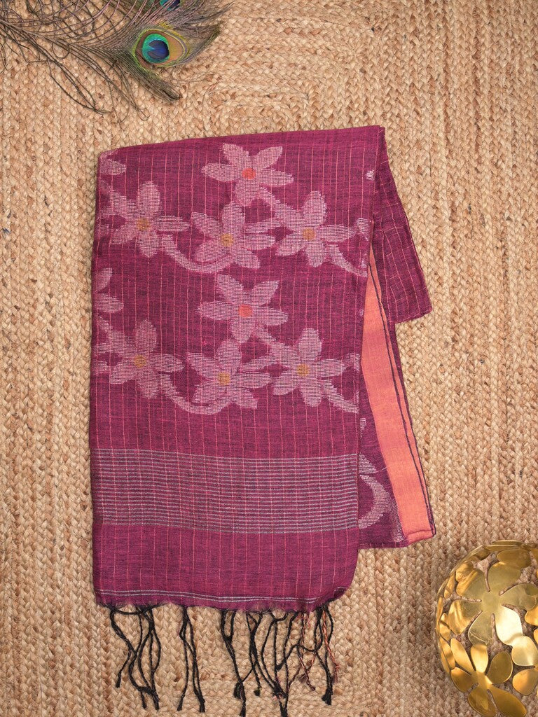Jute lenin fancy saree magenta color allover checks & zari border with zari weaving pallu and attached self blouse