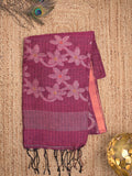 Jute lenin fancy saree magenta color allover checks & zari border with zari weaving pallu and attached self blouse