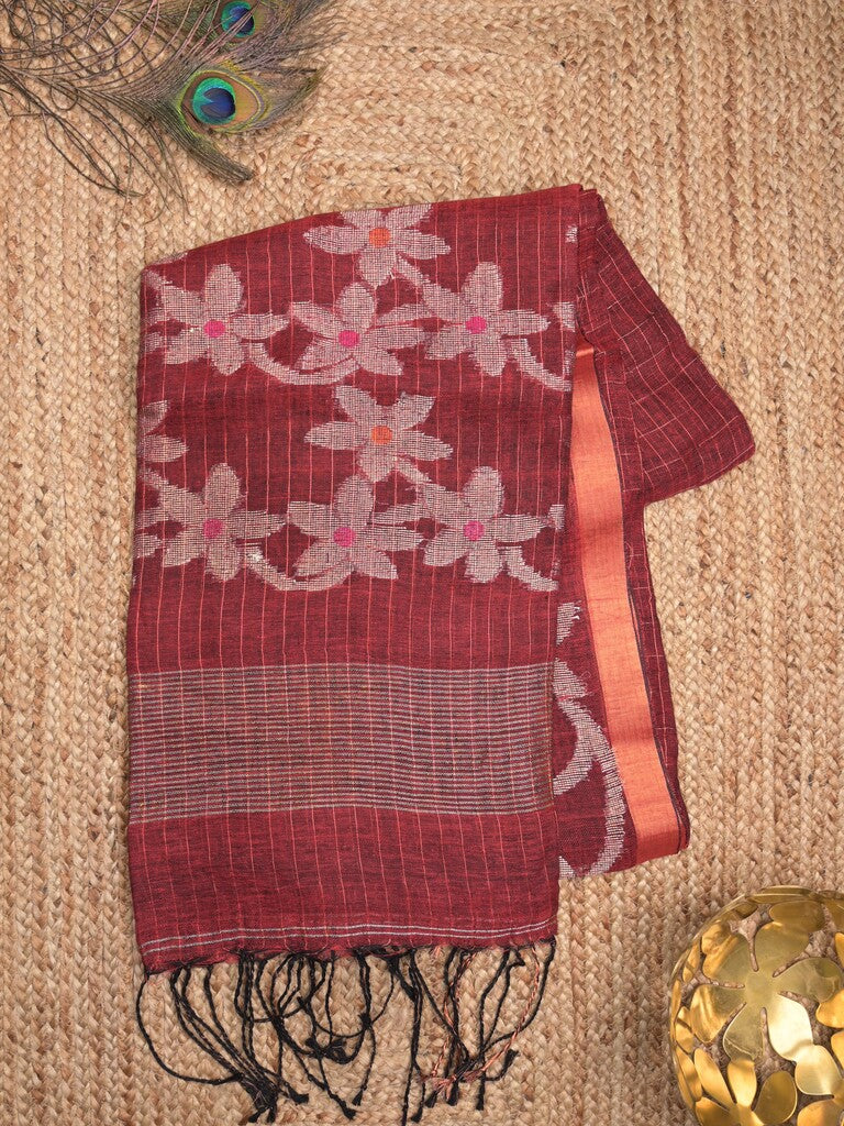 Jute lenin fancy saree maroon color allover checks & zari border with zari weaving pallu and attached self blouse