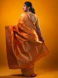 Banaras fancy saree orange color allover zari weaves & zari border with rich pallu and plain blouse