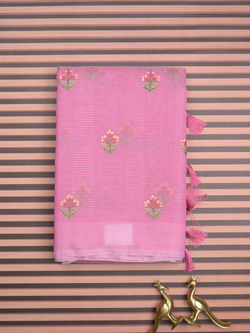 Chanderi fancy saree pink color allover embroidery motifs & kaddi border with short zari pallu and attached plain blouse