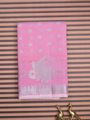 Chanderi fancy saree light pink color allover zari motifs & zari border with short pallu and brocade blouse