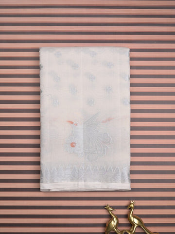 Chanderi fancy saree half white color allover zari motifs & zari border with short pallu and brocade blouse
