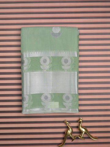 Chanderi fancy saree pista green color allover zari motifs & zari border with short zari pallu and attached plain blouse