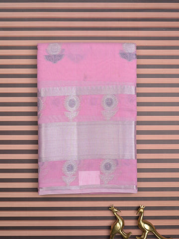 Chanderi fancy saree light pink color allover zari motifs & zari border with short zari pallu and attached plain blouse