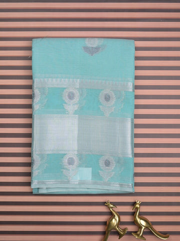 Chanderi fancy saree sky blue color allover zari motifs & zari border with short zari pallu and attached plain blouse