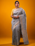 Banaras fancy saree grey color allover zari weaves & zari border with rich pallu and plain blouse