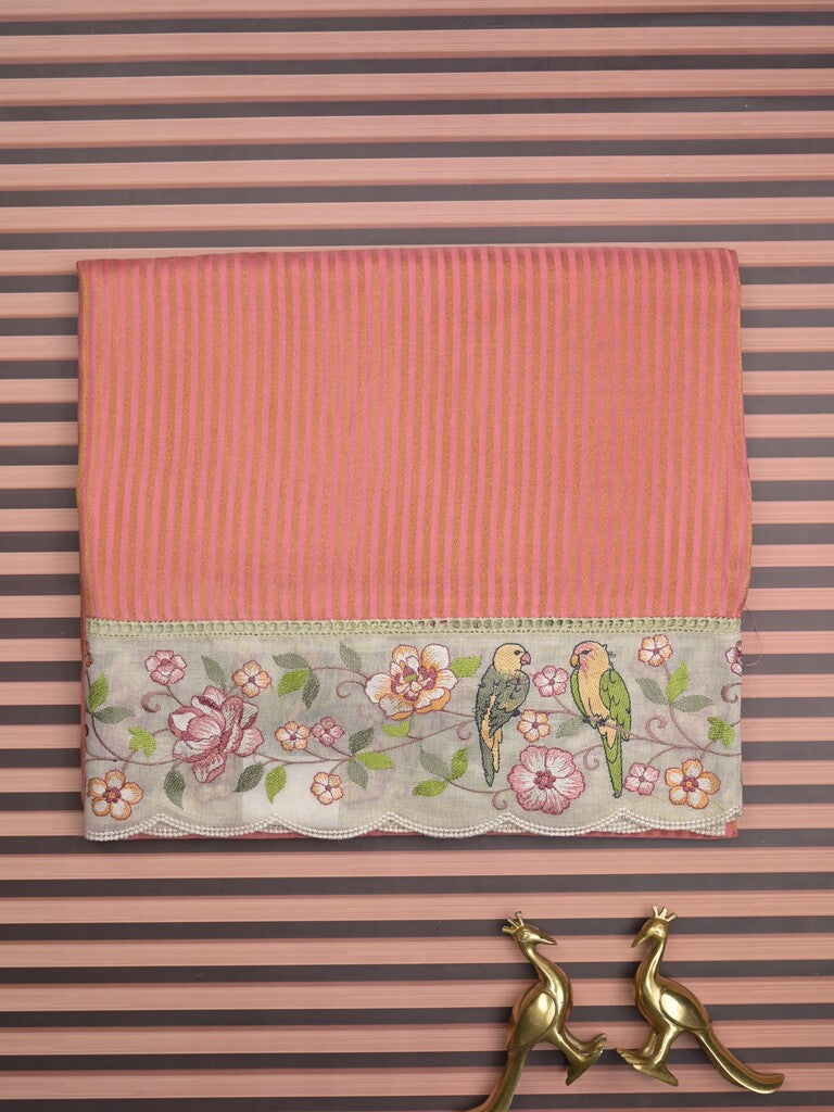 Dola tissue fancy saree peach color allover stripes & embroidery cutwork border with running pallu and plain blouse